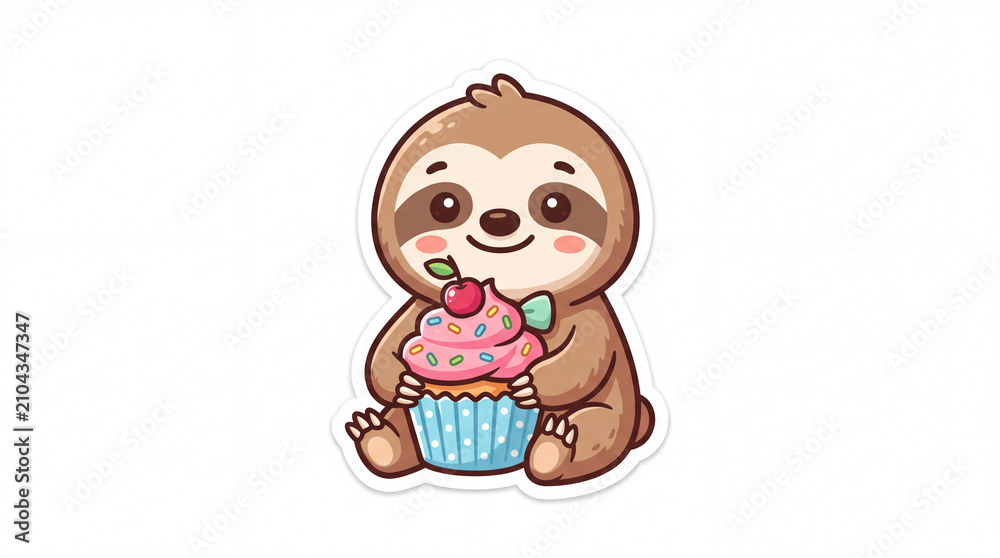 Naklejka premium Cute sloth character holding a colorful cupcake topped with a cherry, featuring a cheerful expression and soft features