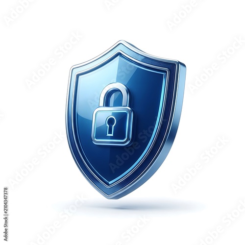 Shiny blue metallic shield icon featuring a secure locked padlock for professional digital cyber security protection