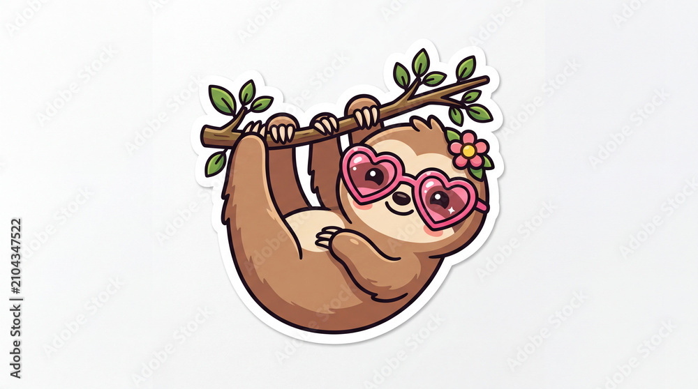 Obraz premium Playful sloth hanging from a branch adorned with green leaves, wearing pink heart-shaped sunglasses and a floral accessory, conveying a fun, vibrant