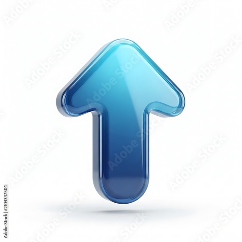 Glossy blue three dimensional arrow pointing upward isolated on a clean white studio background surface