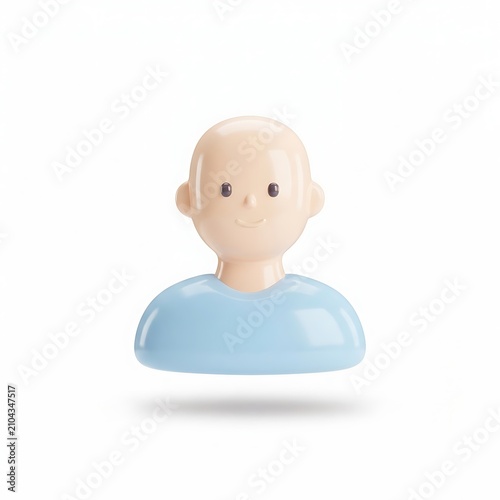 Glossy three dimensional character icon of a smiling person wearing a light blue shirt isolated white