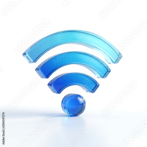 Shiny blue glass wifi icon floating gracefully against a clean and bright white studio background