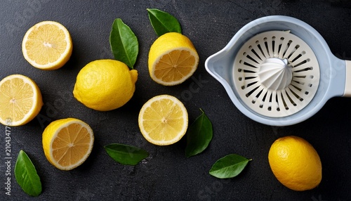 Limones Frescos Y Exprimidor De Citricos En Una Composicion Plana Sobre Fondo Oscuro Limones En Rodajas Con Exprimidor Sobre Pizarra Oscura Fotografia De Alimentos Con Citricos Frescos