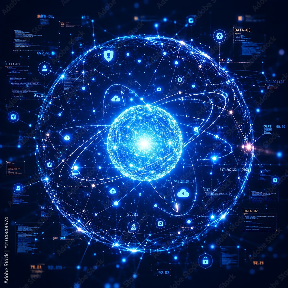 Naklejka premium Quantum computing technology concept, futuristic blue digital sphere with data icons, global network security and artificial intelligence visualization