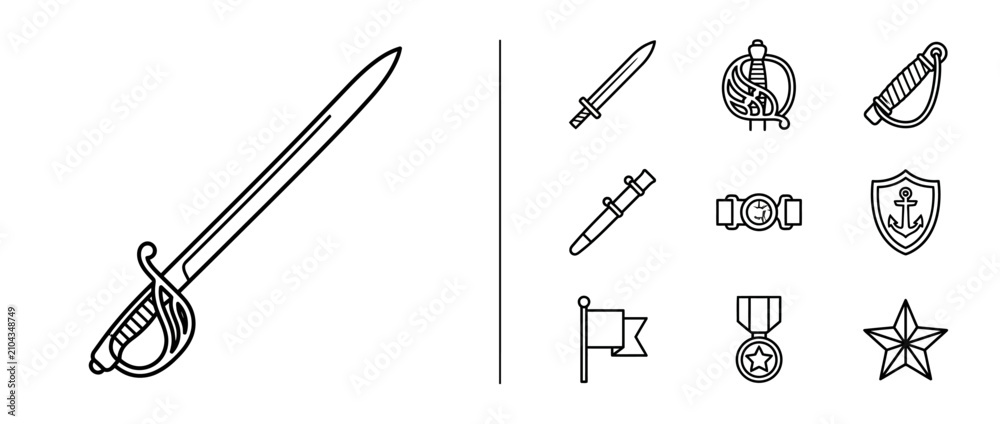 Fototapeta premium Military and Naval Equipment Line Icon Set