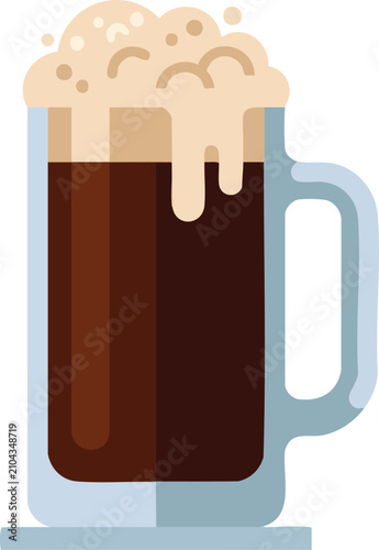 A refreshing cold pint of dark stout ale served in a sturdy glass mug with creamy overflowing foam for celebrating festive social gatherings or relaxing after work at a local friendly tavern