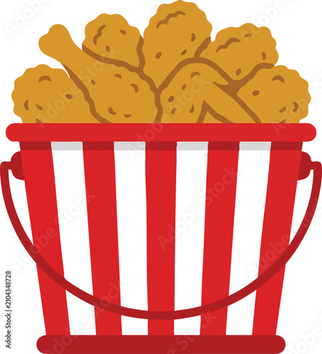 A large red striped bucket filled with golden crispy fried chicken pieces serves as a classic savory meal choice for hungry people wanting delicious fast food snacks during their busy lunch time