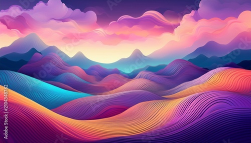 A Whimsical D Fantasy Landscape Featuring Multi Colored Rolling Hills And Stylized Mountains Under A Soft Purple Sky With Clouds