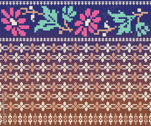 A seamless, horizontally repeating pattern featuring a variety of decorative floral motifs arranged in geometric shapes; designed for fabrics, apparel, decor, and wallpaper.