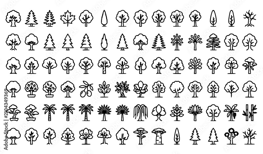 Obraz premium Large Tree Icon Collection Featuring Deciduous Evergreen Palm and Forest Trees Outline Symbol Set