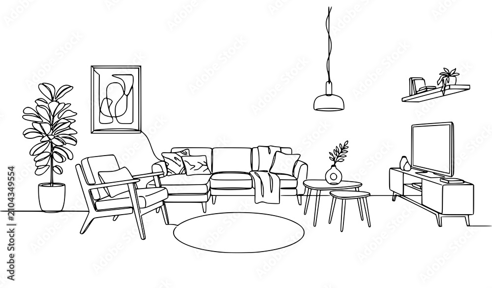 Fototapeta premium Minimal Living Room Interior Line Drawing Featuring Sofa Plants Furniture Lighting and Modern Home Decor