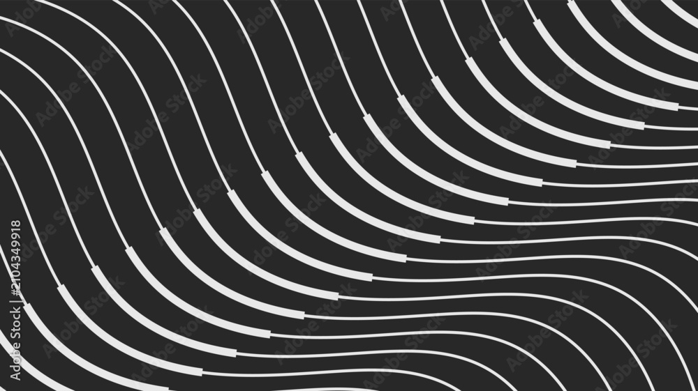 Obraz premium A modern abstract background features dynamic, wavy, segmented white lines flowing across a dark grey surface, creating a minimalist and visually engaging design.