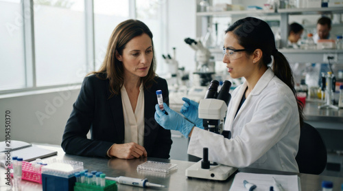 Venture partner reviewing cultured cell vials with a gloved researcher in a biomedical startup laboratory