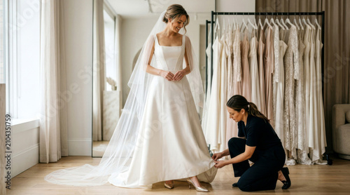 Bride tries on a structured square neck wedding dress with veil and metallic heels while a stylist adjusts the hem in an airy bridal fitting room.