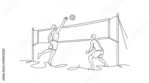 Single line drawing of volleyball players jumping to spike the ball over the net during game