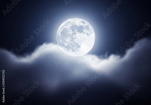 A luminous full moon glows brightly in a clear dark night sky, illuminating the surrounding clouds with a soft and ethereal silvery light, cosmic, astronomy, night