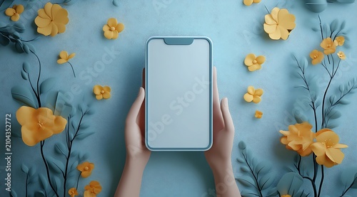 Person holding a blue smartphone with blank screen, surrounded by yellow flowers and green leaves on