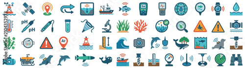 Cuadro en lienzo Marine Science and Oceanography Vector Icon Set