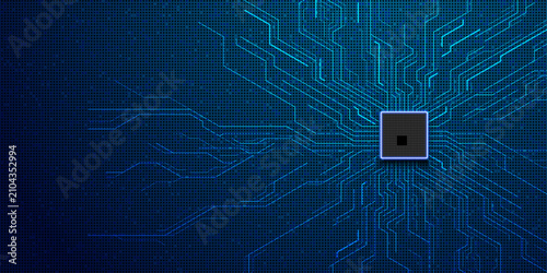 Obraz na płótnie Digital technology background with central processor chip and radiating lines representing data transmission network