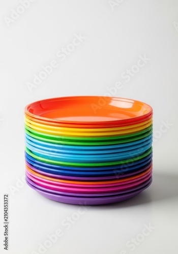 A vibrant stack of multicolored reusable plastic plates and cups arranged neatly on a clean surface, perfect for outdoor summer gatherings, cups, group, picnicware