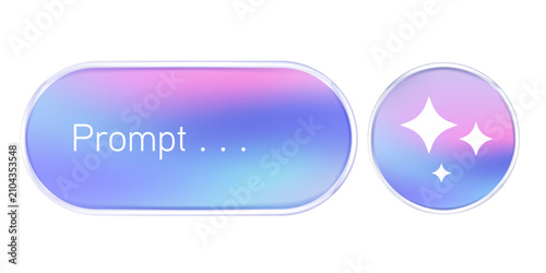 Generative AI liquid glass button on holographic background. Transparent glassmorphism prompt panel for web or app UI design vector illustration.