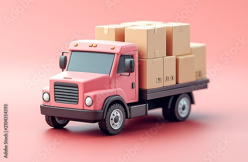 Pink toy truck with cardboard boxes on flatbed, facing left pink truck delivery truck