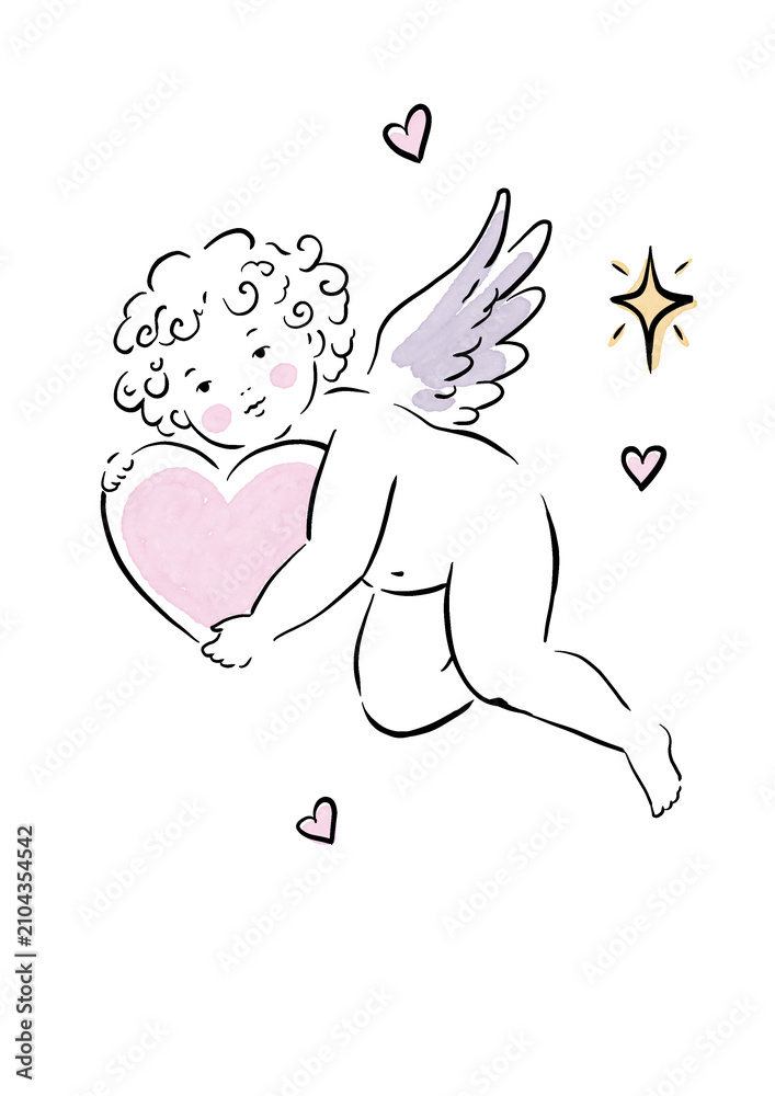 Obraz premium Cute watercolor line art cupid with heart. Cherub illustration.