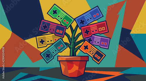 Vibrant vector illustration of a stylized plant growing colorful retro gaming controllers from its branches in a creative geometric style