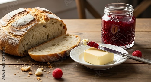 Fresh sourdough bread sits on a wooden table next to a jar of raspberry jam and a square of butter.