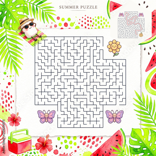 Colorful summer maze puzzle with tropical elements and butterflies  