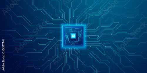 Принти на полотні Blue futuristic digital motherboard with central AI processor and sprawling electronic circuit lines