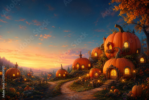 Cozy storybook village of houses carved inside giant pumpkins with warm glowing windows along a winding path at dusk. Illustration. Generative AI.