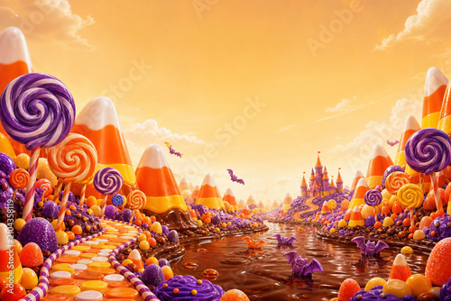 Imaginative candy land with candy corn mountains lollipop trees chocolate river and gummy bats under caramel sky. Illustration. Generative AI.