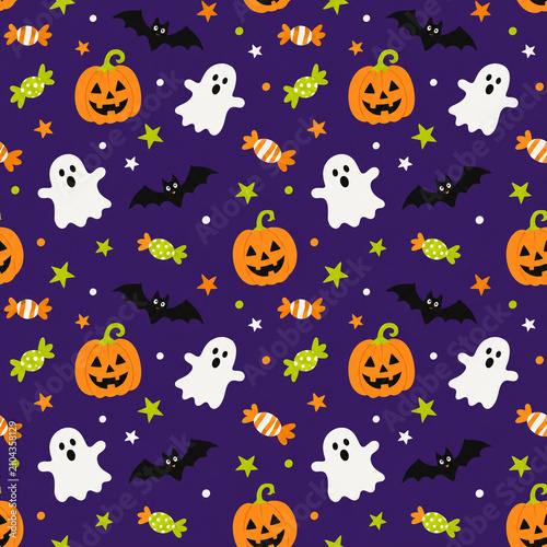 Flat seamless repeating pattern of pumpkins ghosts bats stars and wrapped candy on a deep purple background. Illustration. Generative AI.