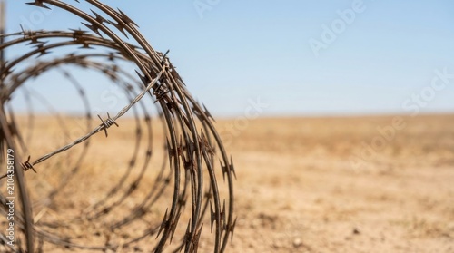 Coiled Razor Wire on Arid Desert Border Ground with Copy Space, Security and Protection Concept for Website Banner and Hero Header