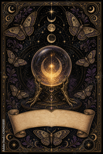 Ornate dark illustration of a glowing crystal ball on clawed stand surrounded by moths moon phases stars and blank scroll banner. Generative AI.