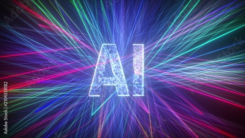 AI letters animation of glowing symbols with digital and geometric noise in computer science world, 4k abstract artificial intelligence tech animated template