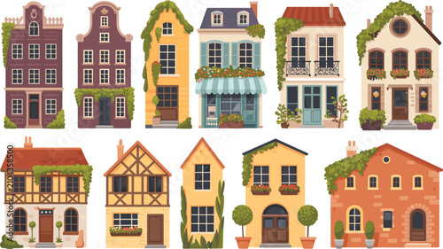 Εκτύπωση καμβά Old European House Exterior Vector Set Featuring Traditional Amsterdam Canalside