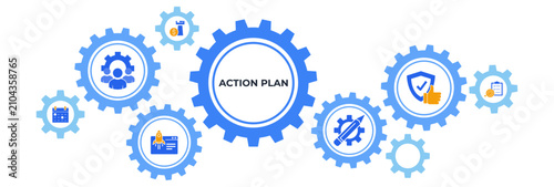 Action plan banner web icon vector illustration concept with icon of objective, strategy, collaboration, schedule, act, launch, check, and implementation