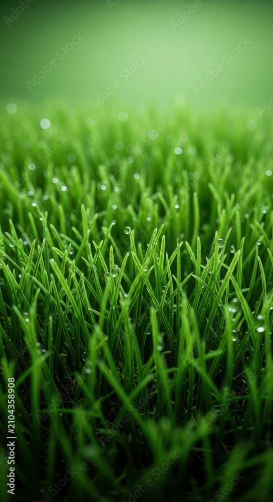 Fototapeta premium Close-up of lush green synthetic grass blades showing realistic texture and vibrant color, ideal for landscaping, backyard, or sports fields, nature, surface, field