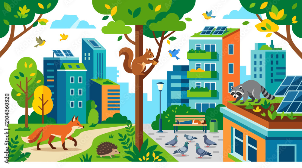 Fototapeta premium Urban wildlife and animals coexisting with sustainable modern green city environment vector illustration