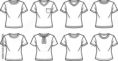 Foto Technical fashion illustration of women's t shirt silhouettes various necklines