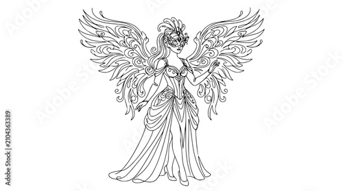 Foto Elegant Angelic Woman in Masquerade Costume with Ornate Wings