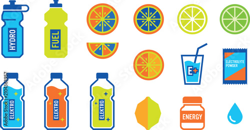 Tableau sur toile Sports Hydration and Energy Icon Set Featuring Electrolyte Drinks Shaker Bottles