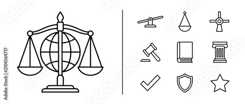 Law and Justice Icon Set with World Scale Symbol