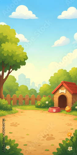 Bright and cheerful 2D cartoon background featuring a cozy dog park with a doghouse, trees, blue sky, fluffy clouds, wooden fence, bushes, and a city skyline. Designed as a vertical mobile game or app