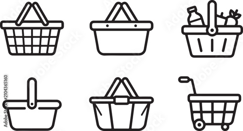 Фотография Flat line icons of different shopping baskets and carts Vector
