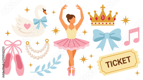 Ballet dancer and accessories crown music notes ballet shoes ticket.
