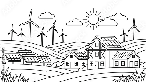Eco friendly sustainable energy landscape with wind turbines and solar panels illustration.