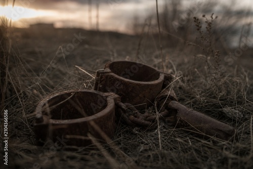 Heavy rusted iron shackles discarded in overgrown dry grass at sunset.